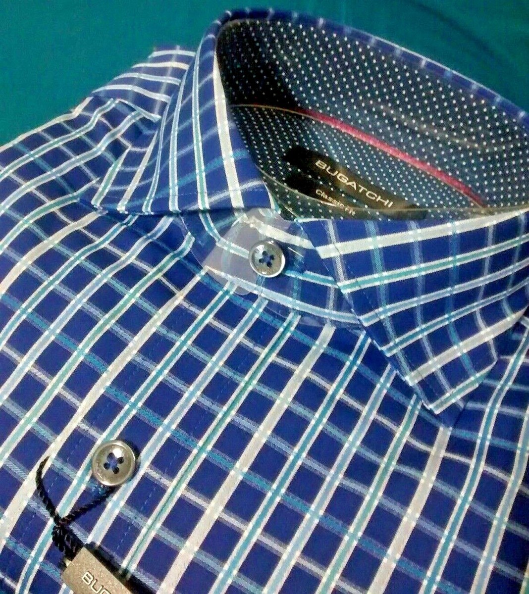 NWT Bugatchi men's M long sleeve button down shirt Fancy Navy checks/Pocket  Cla