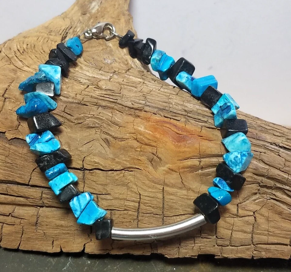 Vintage Blue And Black Stone Silver Tone Metal Beaded Bracelet Costume Fashion Foto 4 de 4