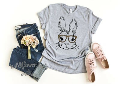 WOMEN'S RABBIT LEOPARD GLASSES BUNNY EASTER GRAPHIC TEE T-SHIRT S- 4XL 5XL AVAIL