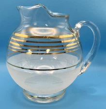 West Virginia Glass Blendo Pitcher Clear & textured Frosted Glass gold MCM Gift