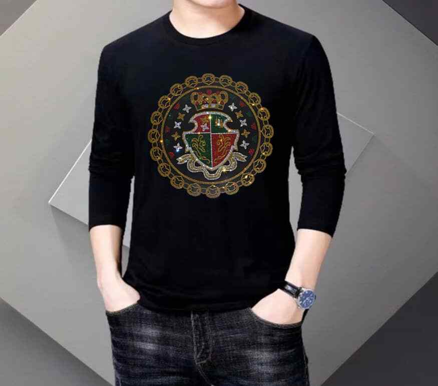 New Men Luxury Rhinestones Fashion Diamond Black Long T-Shirt High Quality