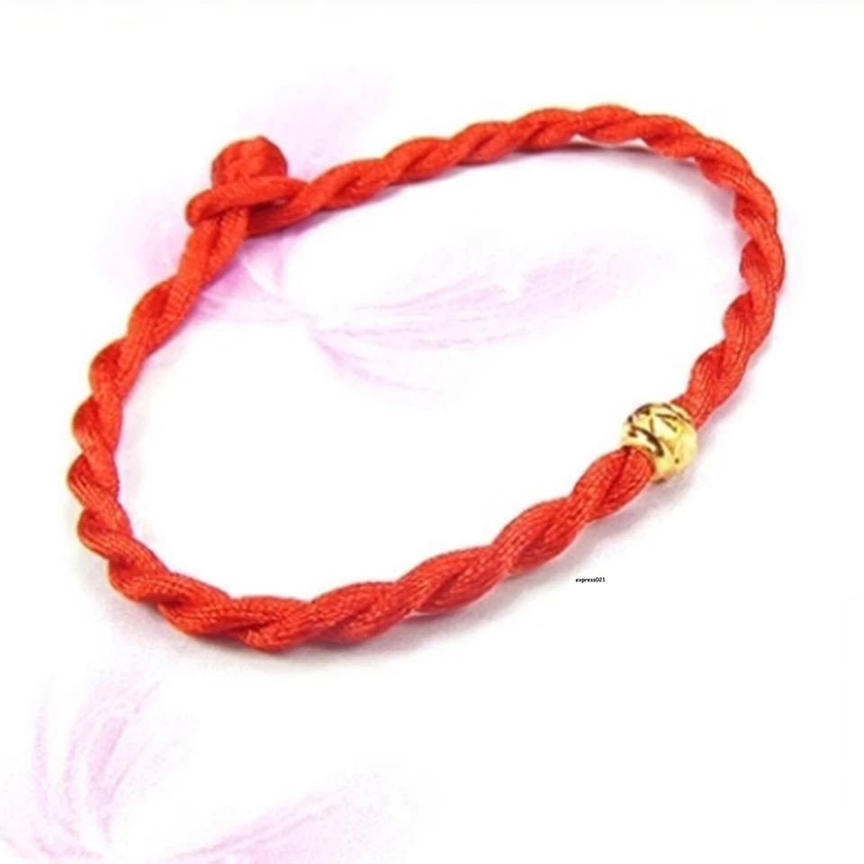 Pure 999 24k Yellow Gold Round Bead Red Cord String Braided Twist Bracelet 0.35g - Image 2 of 4