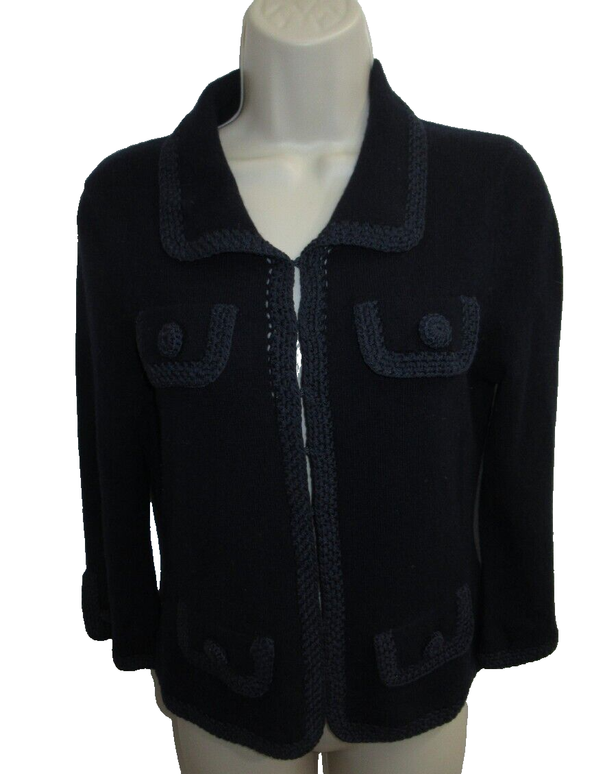 Nanette Lepore 56% Cashmere Navy Cardigan 3/4 Sleeve Knit Jacket M