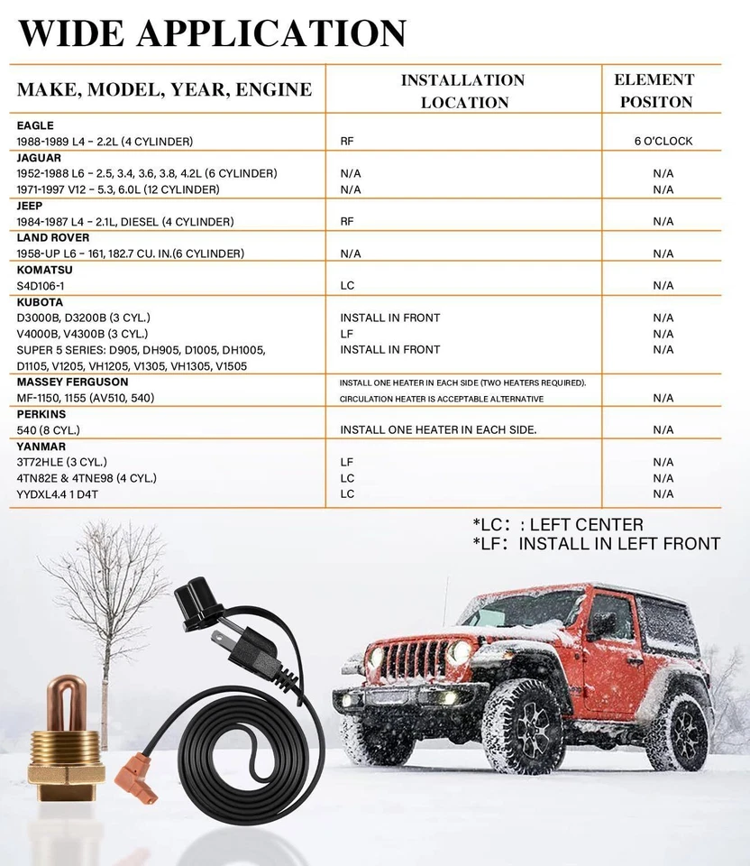 Engine Heater 3100003 Engine Block Immersion Heater for Eagle, Jaguar, Jeep Foto 3 de 4
