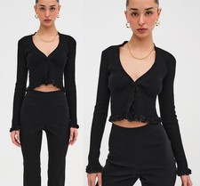 For Love  Lemons Nina black Soft Ribbed Cropped Cardigan lace tunic sweater M