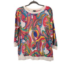 Talbots Women's Sz L Bright Multicolor Paisley Sweater 3/4 Sleeve Cotton
