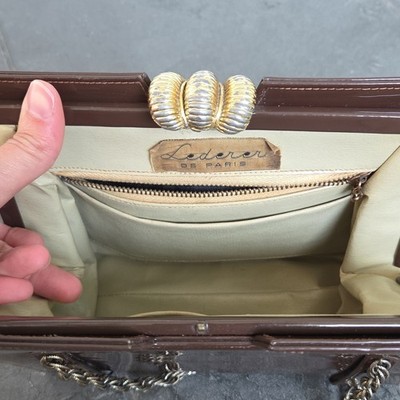 Vintage Lederer de Paris Brown Patent Frame Bag Orante Clasp Chain Strap