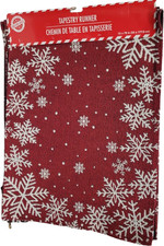 Long Tapestry Kitchen Table Runner 13"x70" CHRISTMAS, SNOWFLAKES ON RED, CH
