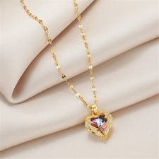 Stainless Steel Heart Pendant Necklace Crystal Ocean Charm Chain Women Jewelry