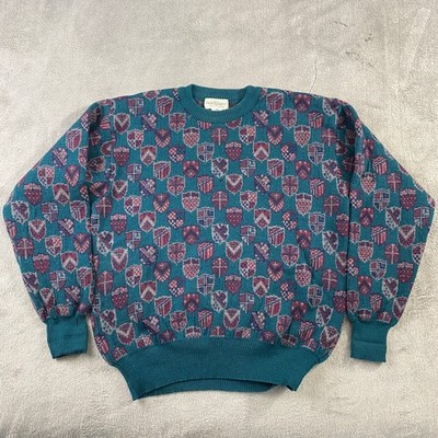 Tricots St Raphael Sweater Mens M Teal Wool Heraldic Crest Shield Vintage Knit