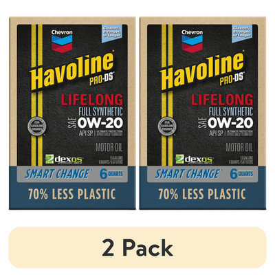 (2 pack) Chevron Havoline Lifelong 0W-20 Full Synthetic Motor Oil, 6 Quarts