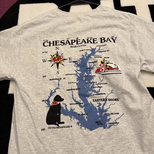 Men's Medium Chesapeake Bay Maryland Compass Double Sided Gray T Shirt Vintage