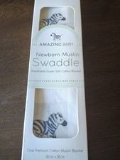 AMAZING BABY Newborn Muslin Swaddle Zebra White Black 36" x 36"