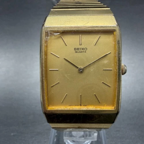 Seiko Tank Watch Men 25mm Champagne Dial Gold Tone 6530-5389 New Battery CRACKED