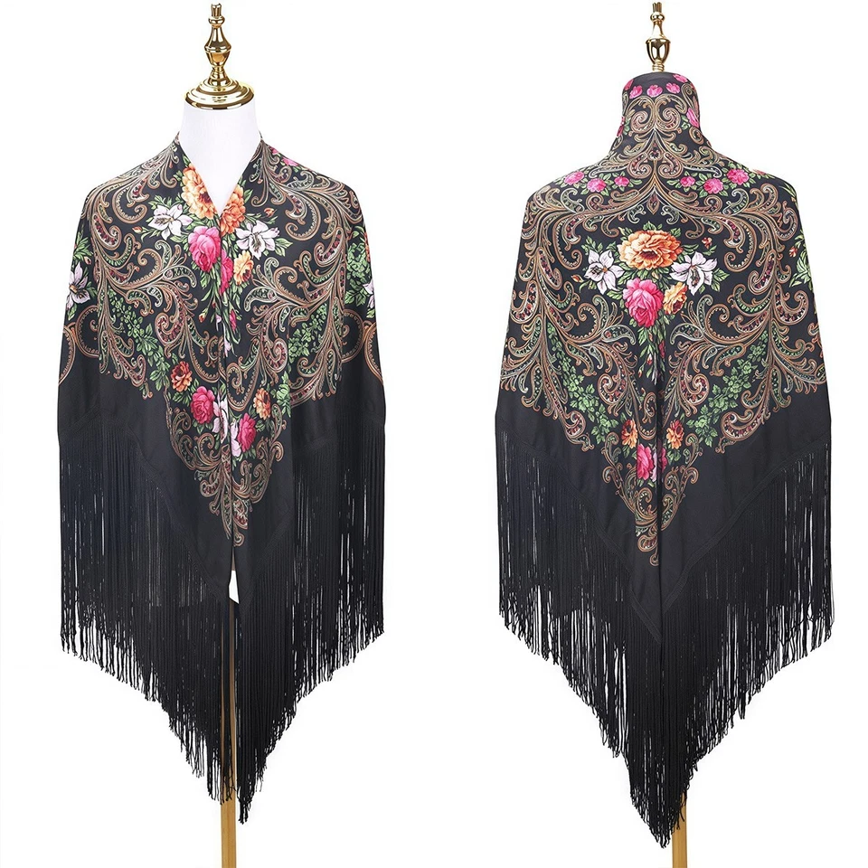 winter floral square shawl - long tassel style women's printed large size scarf Foto 2 de 4
