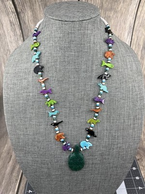 Vintage Zuni Southwestern Heishi Multistone Bär Fetisch Halskette 24 Zoll