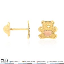 14K Yellow Gold Pink Enamel Heart Teddy Bear Baby Screw Back Stud Earrings