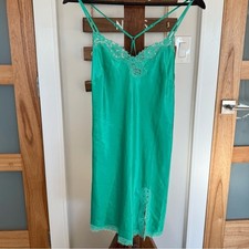 Victoria's Secret Women's Green Satin Slip Dress Lace Trim Med Adj Strap EUC