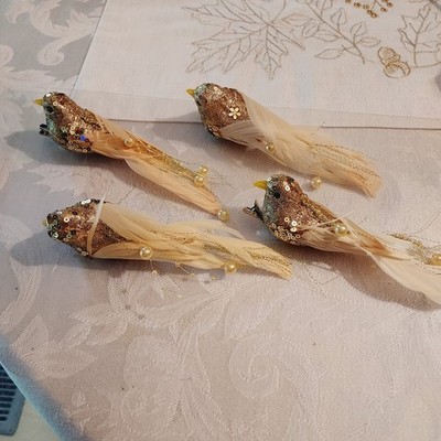 Vintage Clip On Bird Christmas Ornaments Gold Sequin Real Feathers