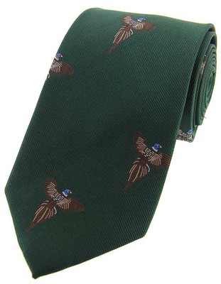 David Van Hagen Mens Flying Pheasants Woven Country Silk Tie - Forest Green
