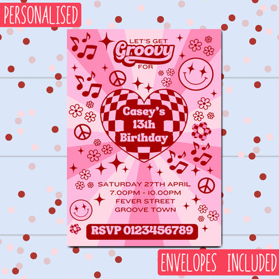 Personalisierte Groovy Geburtstag Party Einladungen Retro Rosa Rot Einladungen