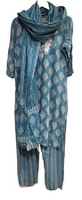 Indian Block Print Kurta Tunic Trouser Dupatta Set XL Teal Embroidered Boho Arts