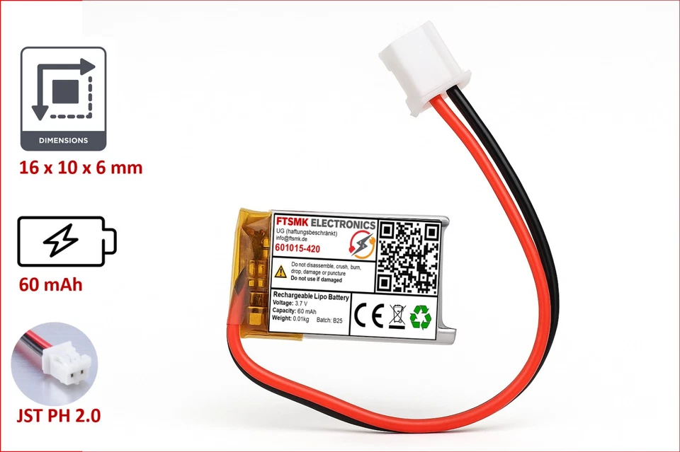 LiPo 3.7V Li Ion Lithium Battery Battery 1S JST-PH 2.0 Plug Tablet GPS with BMS - Image 3 of 4