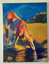 Oil on Canvas Painting - Horse at Sunset drinking water Expressionism
