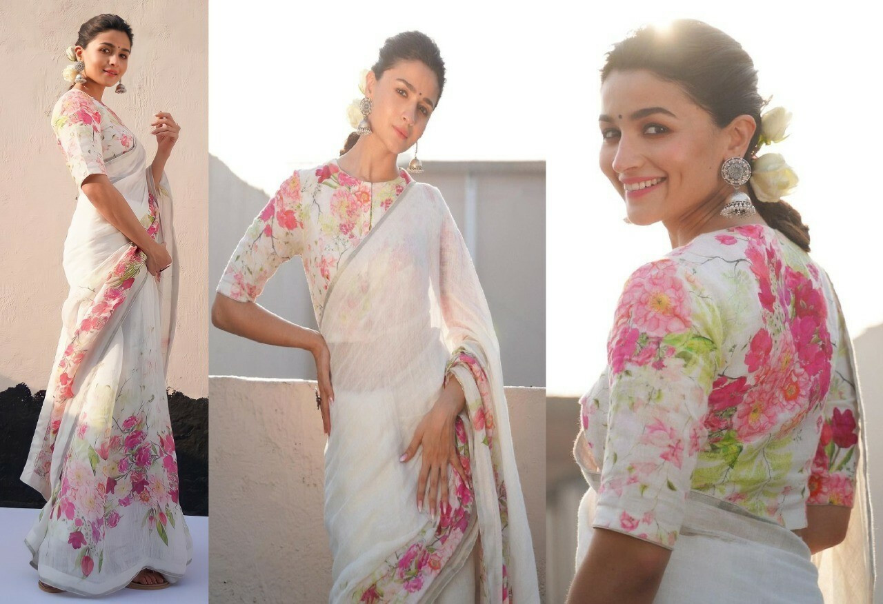 White Alia Bhatt Saree Bollywood Replica Flower Print Silk Party Designer  Sari | eBay