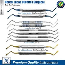 Lucas Curette Set Serrated Bone Curettes, Gold & Blue Dental Surgical Instrument