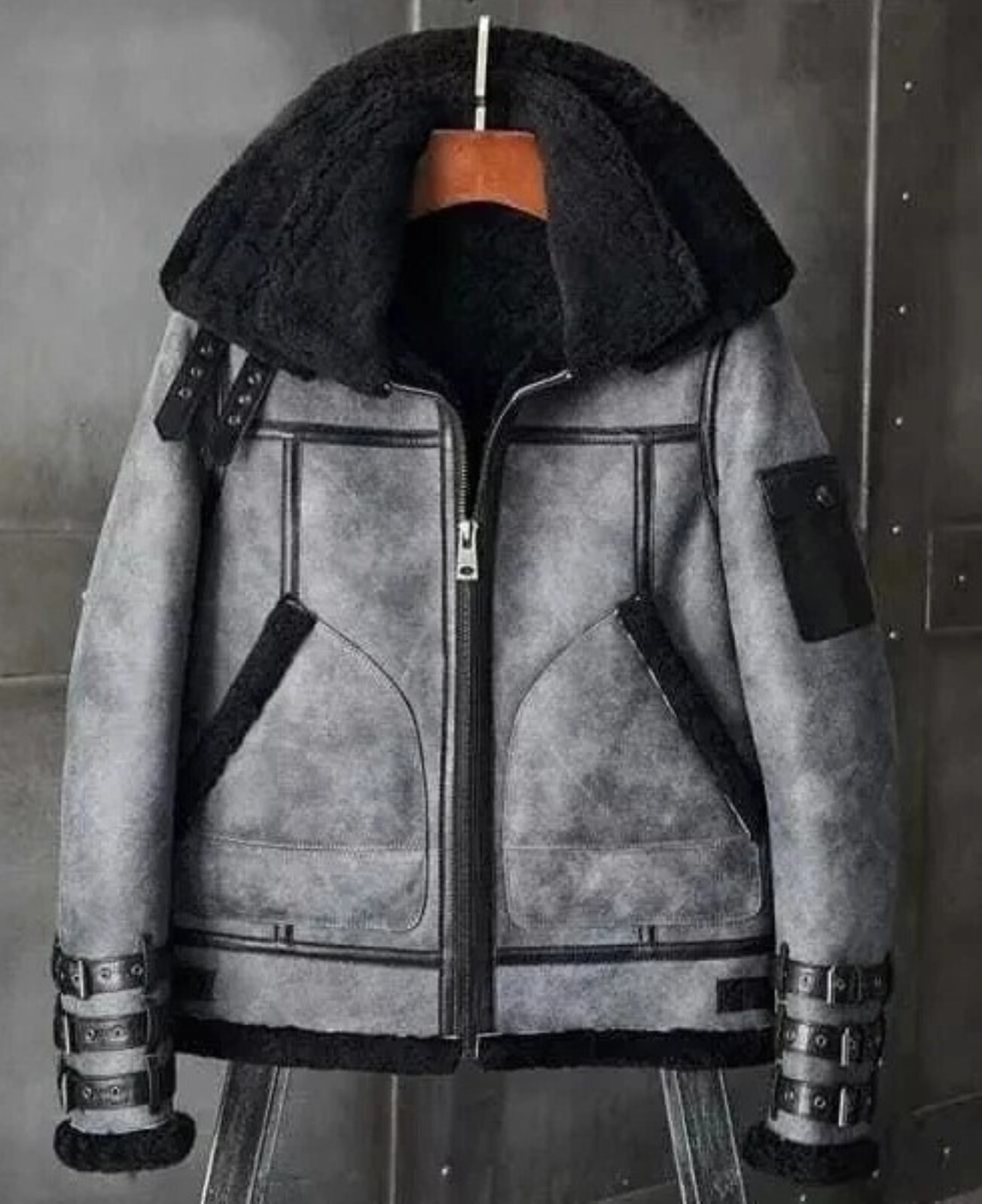 RAF B3 Bomber Jacket Men Gray Shearling Aviator Real Leather Winter Coat