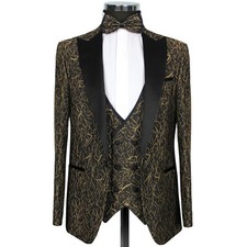 Slim Fit Smoking Sakko mit Weste in Schwarz Gold-Anzug Hochzeit Herrenanzug
