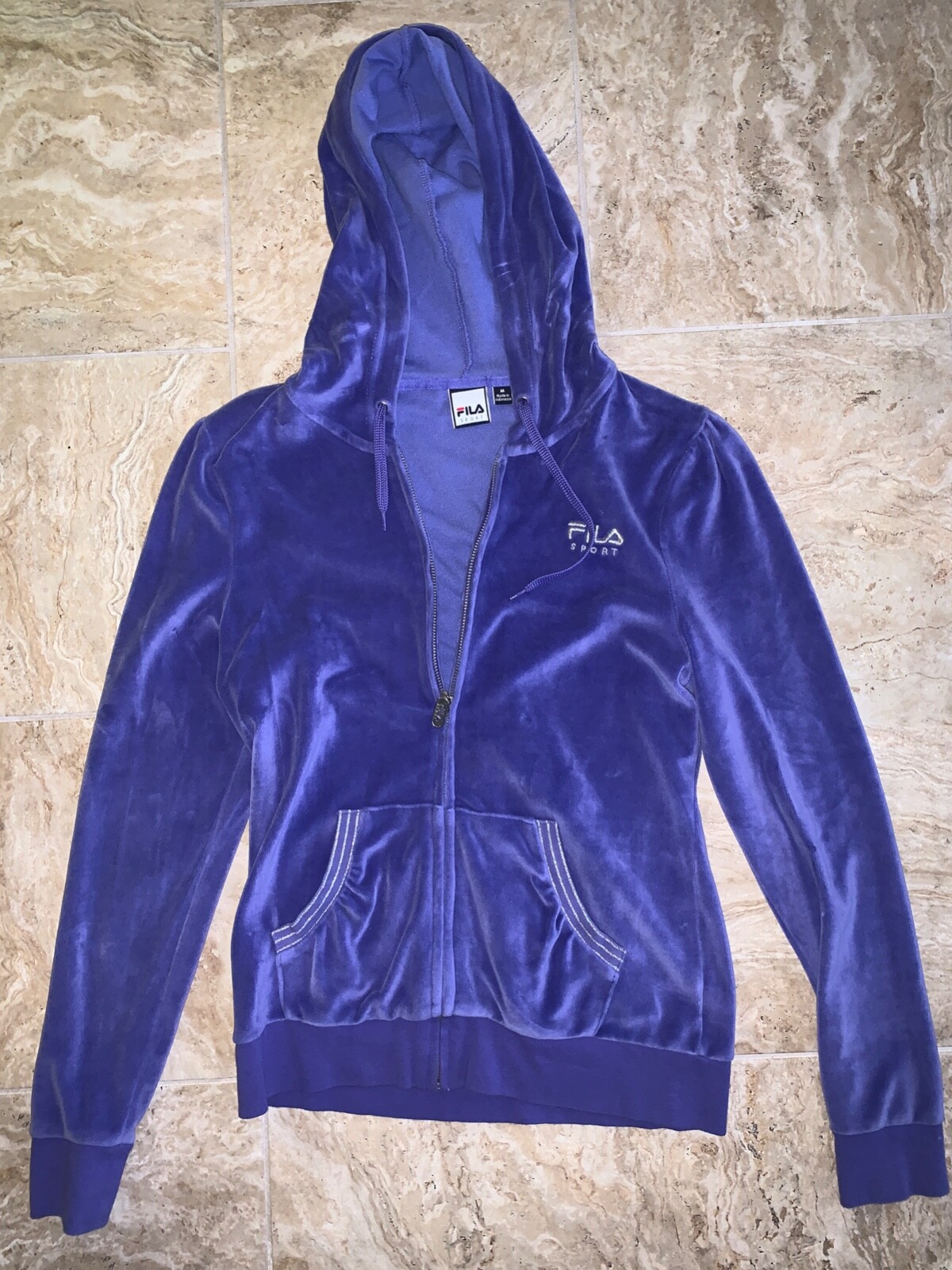 Felpa con cappuccio vintage Fila Sport con cerniera completa lavanda viola tasche vellutate taglia M