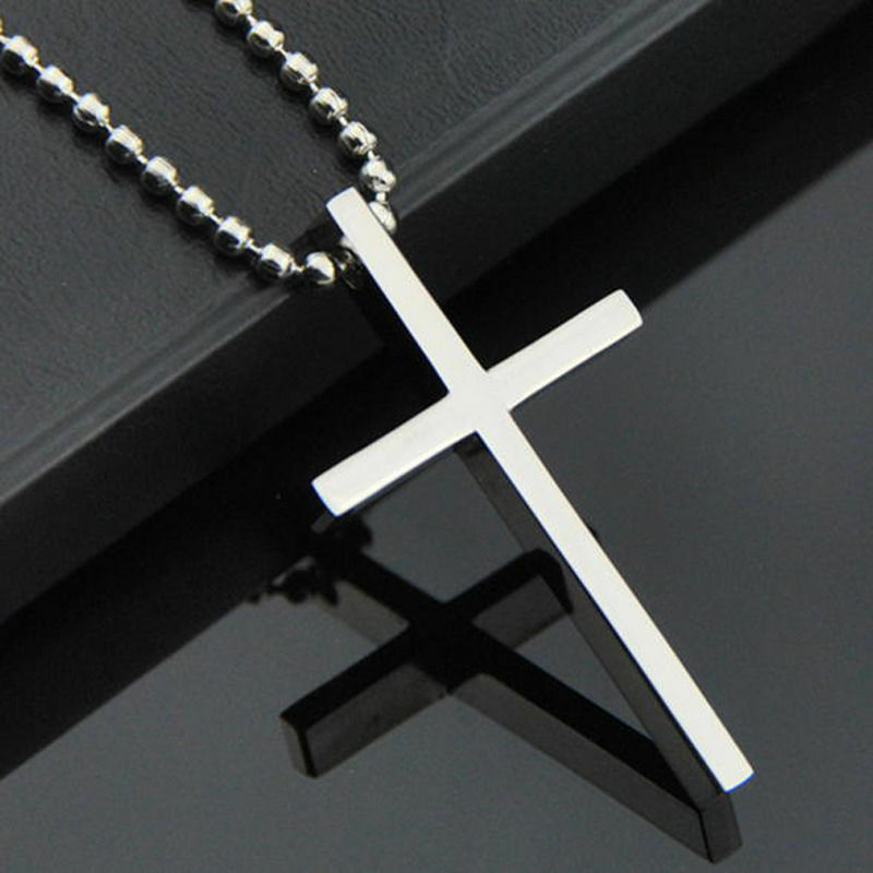 Simple Stainless Steel Silver Tone Cross Pendant Chain Necklace for Men Women
