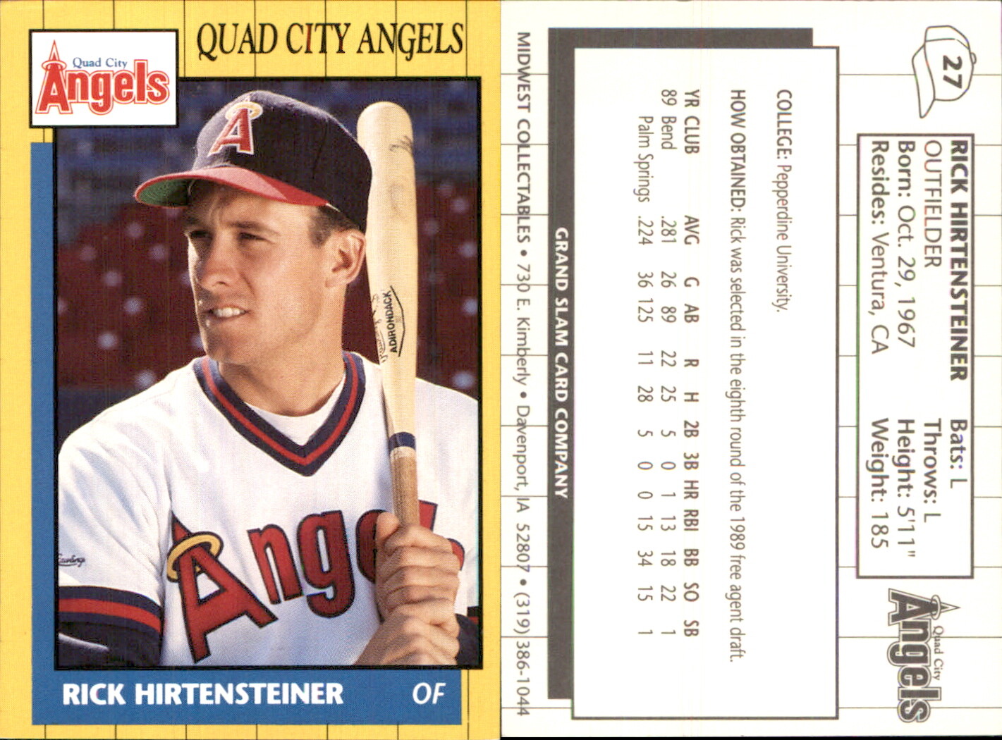 Rick Hirtensteiner 1990 Grand Slam Quad City Angels 27 RC Card Quad