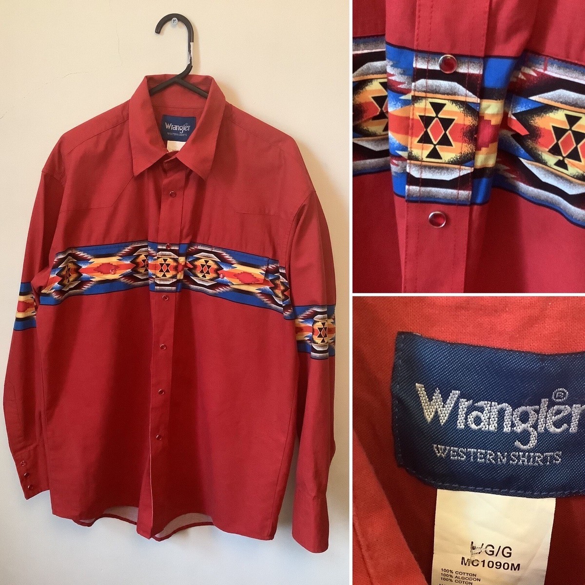 Men's Wrangler Shirt Size M Iridescent Red Press Studs Cotton Red Aztec  Pattern | eBay