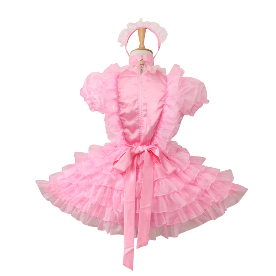 Vestido de organza satinado rosa Sissy Maid uniforme disfraz con disfraces Foto 3 de 4