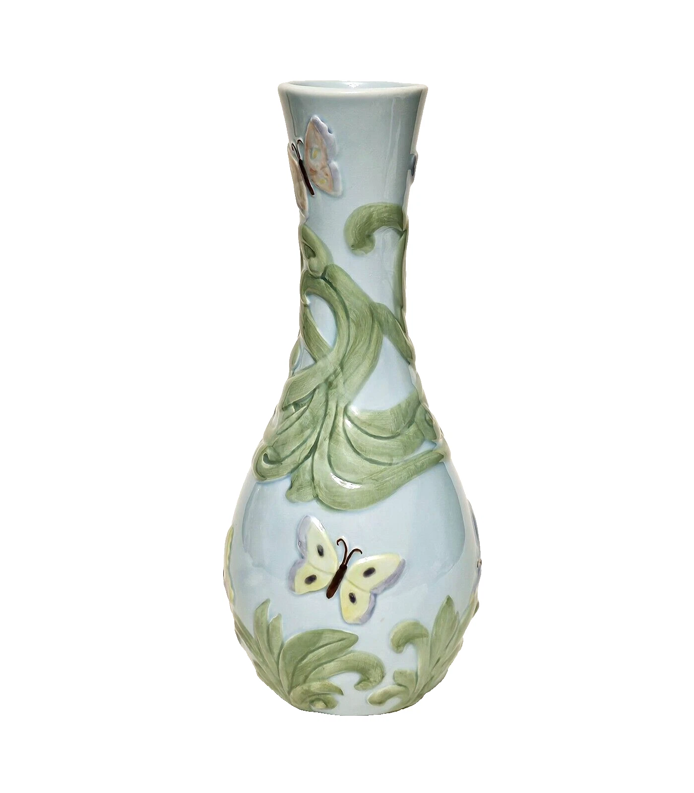 Blue Bud Vase Pastel Colors 3D Floral Ceramic Pretty Spring Decor 8"