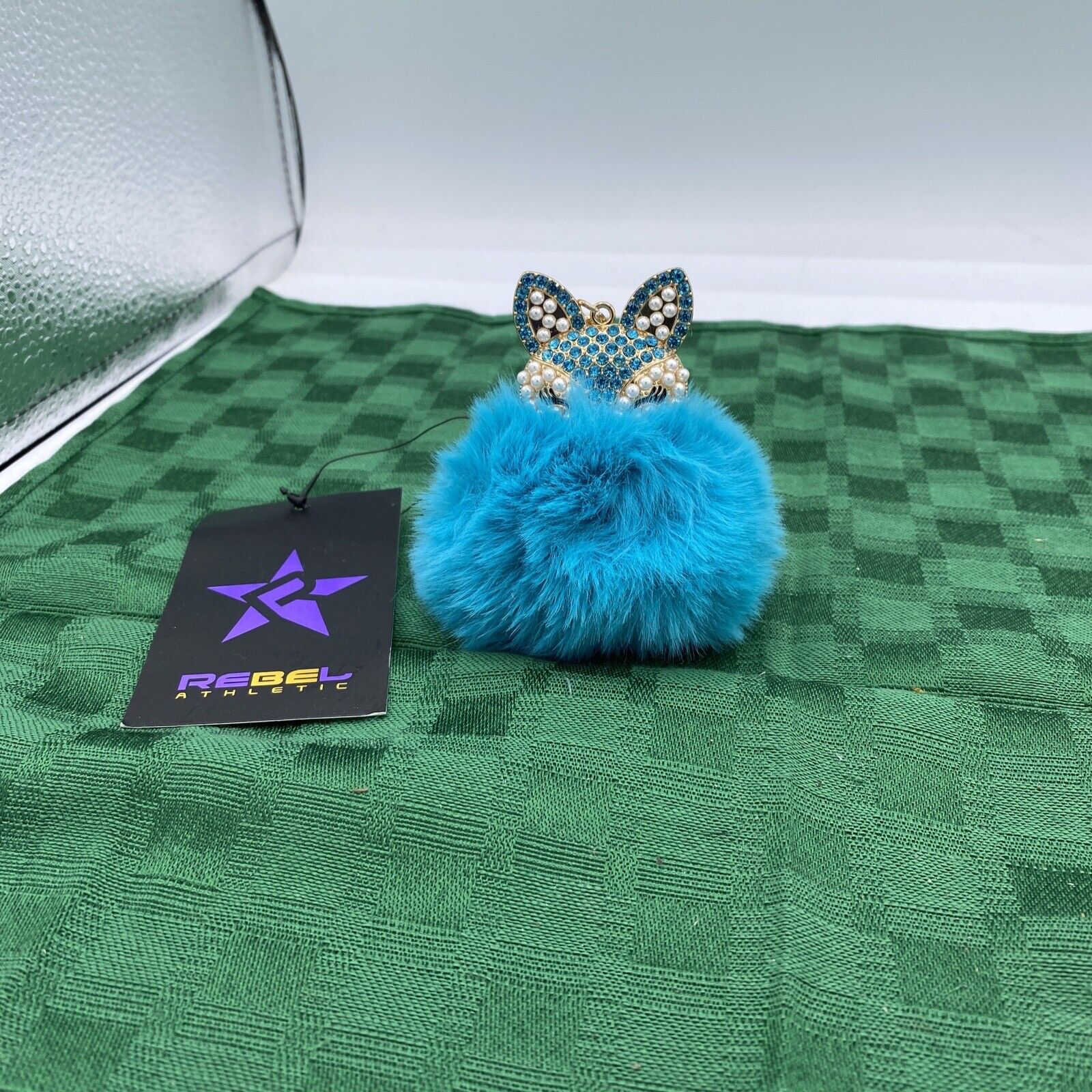 REBEL ATHLETICS Turquoise Faux Fur Pom Pom Fox /Crystals/Beads Keychain NWT
