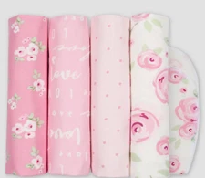 Gerber Lot of 4 LOVE Flowers Pink Flannel Blankets Baby Girl NWT Cotton 30 x 30