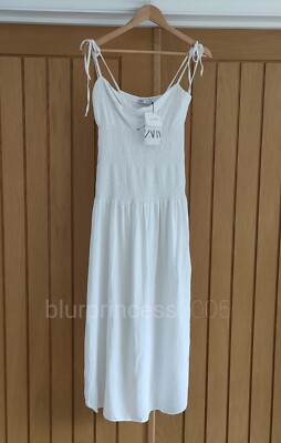ZARA Linen Midi Dress Strappy Ties Smocked Long Sundress XS S M L