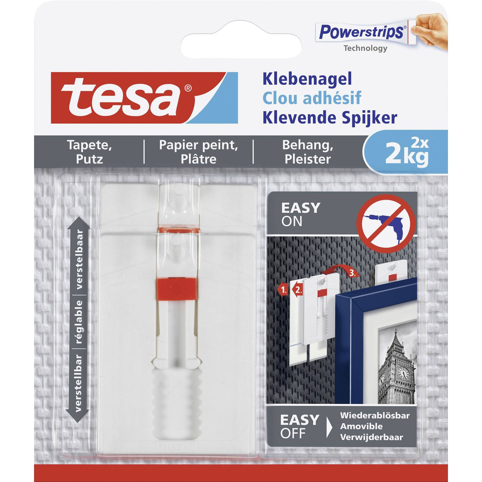 tesa Adjustable Adhesive Nail 2pcs strong hold no drilling needed