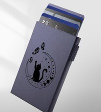 Cartera de Metal Delgada Minimalista Bloqueo RFID Pop-Up Portatarjetas Gato Media Luna