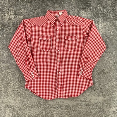 Vintage Bar F Western Shirt Mens XL Red Gingham Pearl Snap 70s USA Dagger Collar