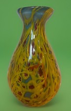 Hand Blown Art Glass Double Color Layer Yellow Red Blue Floral Vase 12  Height