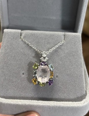 Stunning Natural Rose Quartz, Peridot, Amethyst 950 Platinum Pendant Necklace 