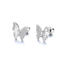 18G Cute Butterfly Stud Earrings Sterling Silver 925 Dainty Cubic Zriconia Cryst
