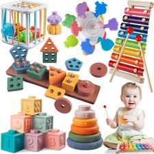 6-in-1 Wooden Montessori Toys for Baby Toddlers, Shape Sorting Stacking Set