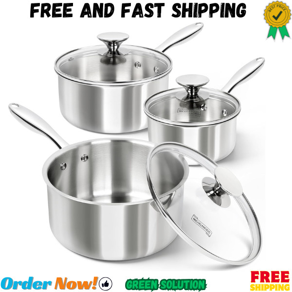 6 Piece Triply Stainless Steel Saucepan Set With Lids 1QT 2QT And 3QT Kitchen...