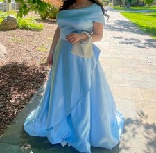 One Shoulder Blue Formal Gown with White Flower Accents